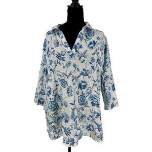 Cynthia Rowley 100% Linen Popover Blouse Blue Floral Top Size 1X